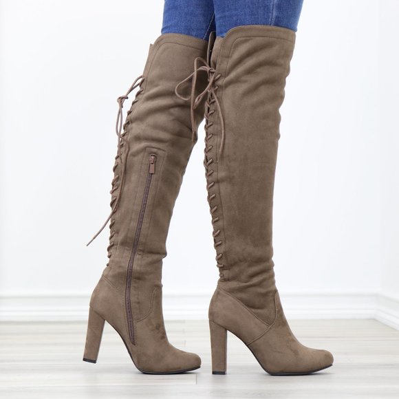Shoes - Taupe Suede Thigh High Over The Knee Block High Heel Boots With Lace Up Back